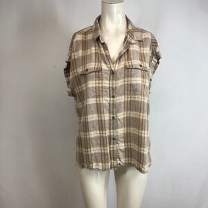 Prana Womens Brown Plaid Short Sleeve Button Down Shirt Large Cap Sleeve Pockets